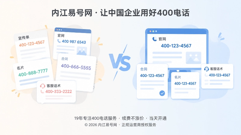 400电话申请后号码展示对比配图，左侧资料零散、右侧统一规范